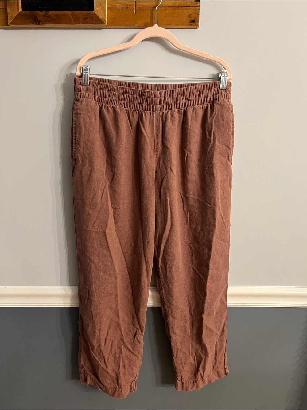 Linen Blend High Rise Pull On Pants Clay Brown Straight Leg L